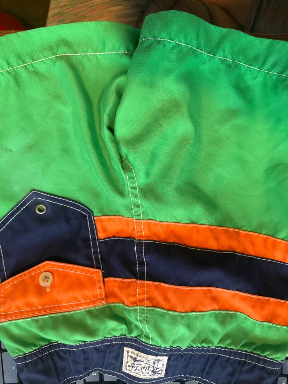 Polo by Ralph Lauren Green, Navy & Orange Striped Swim Shorts with Pony